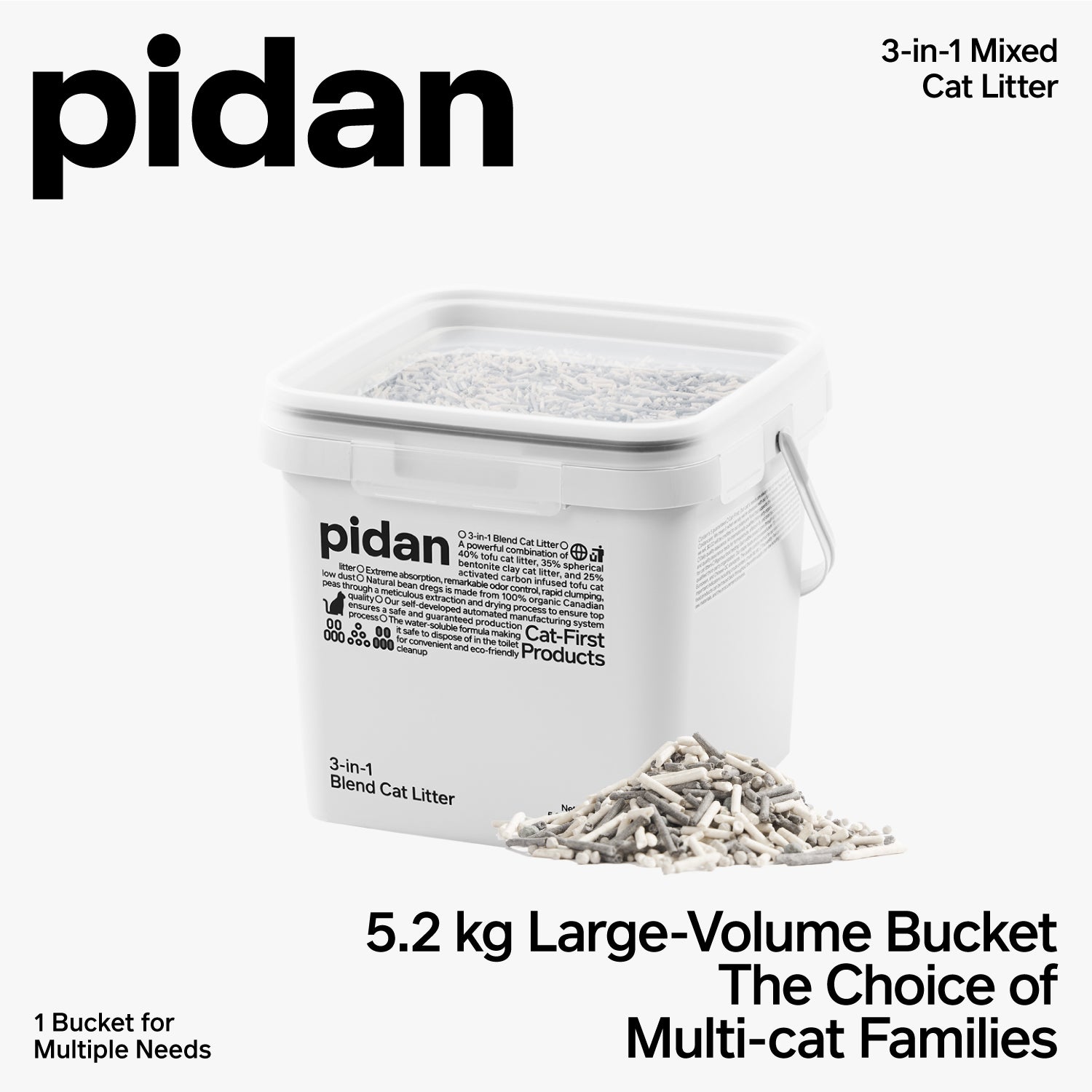 White bucket of pidan 3-in-1 Mixed Cat Litter with text on a white background