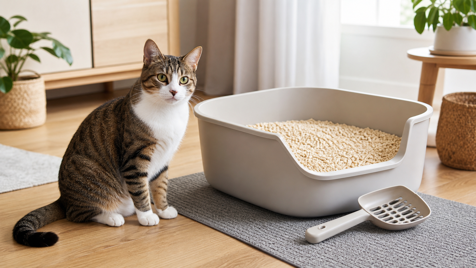 Cat beside a tofu litter tray in a calm home